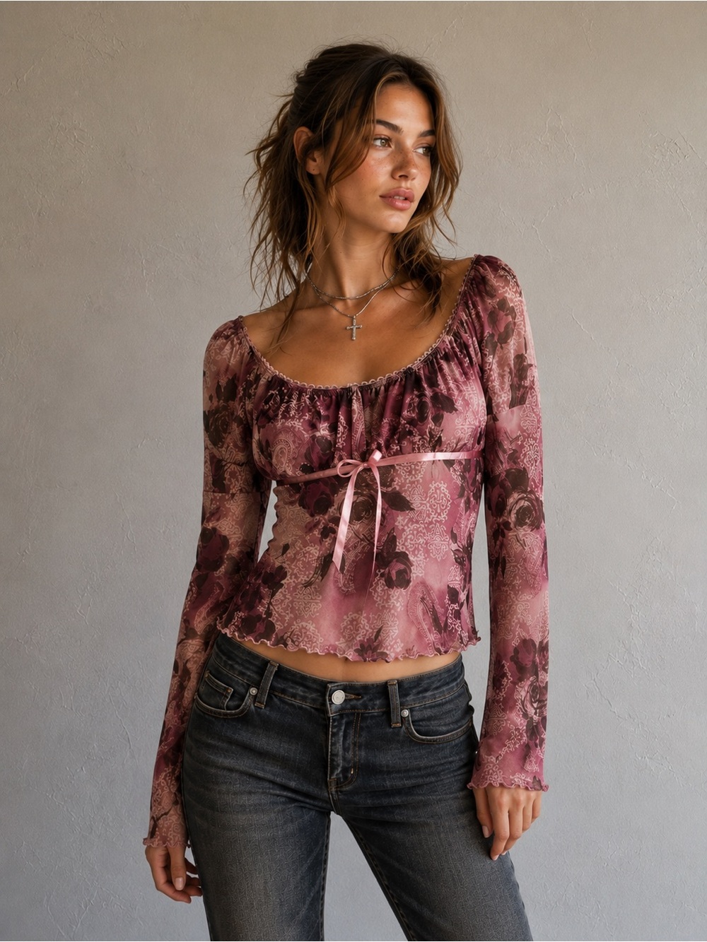 Y2K Whimsigoth Floral Mesh Bell Sleeve Top Romantic Grunge HeartSoul S